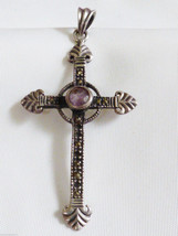 Intricate Sterling Silver 925 Marcasite Amethyst Cross Pendant - £66.48 GBP