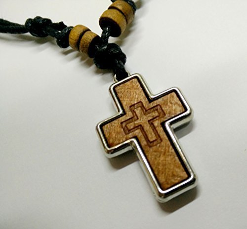 Two Sided Christian Orthodox Greek Religious Pendant Necklace with Wood Cross...