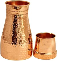 Copper Bedroom Jar Hammered Bottle Carafe Inbuilt Drinking Tumbler Glass 1 Litre - £21.36 GBP