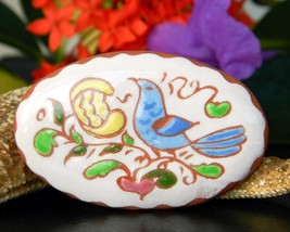 Vintage Pottery Clay Brooch Pin Bird Flower Handpainted 1970 Signed JE - £19.91 GBP