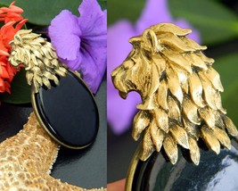 Vintage Lion Head Mane Brooch Pin Gold Black Glass Cabochon Figural - £15.94 GBP