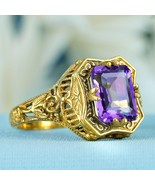 Natural Emerald Cut Amethyst Vintage Style Filigree Ring in Solid 9K Yel... - £511.13 GBP