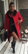 Designer full length boucle Red wool &amp; Sable brown mink trim fur Dress C... - $494.99