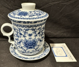 Vintage Ceramic 4 piece Japanese Tea Infuser set Blue and white blue square mark - £32.80 GBP