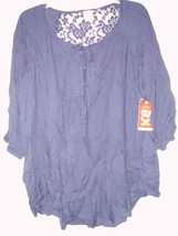 FADED GLORY TEXTURE TIE FRONT BLOUSE BLUE SAPPHIRE 1X (16w) LACE CONTRAS... - $16.99