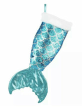 Holiday Time Reversible Aqua Silver Sequin Mermaid&#39;s Tail Christmas Stoc... - $17.49