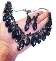 Navy Blue Statement Necklace, Necklace Earring Set, Large Crystal Necklace, Rhin - £50.95 GBP