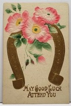 New Year May Good Luck Attend You Golden Horseshoe Pink Flowers Postcard G12 - £3.95 GBP