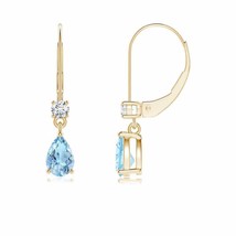 Aquamarine Drop Earrings with Diamond in 14K Gold (Grade-AAA , 6x4MM) - £632.37 GBP