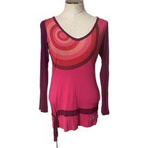 Desigual Pink Red Long Sleeve V-Neck Circle Print Tunic Top  - $37.18