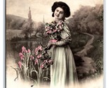 RPPC Tinted Beatiful Woman w Flowers Amitiés Ffriendship Romance Postcar... - $3.91