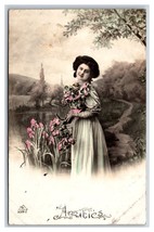 RPPC Tinted Beatiful Woman w Flowers Amitiés Ffriendship Romance Postcard U22 - £3.06 GBP