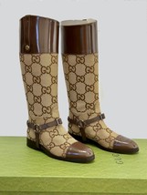 Gucci Aria Zelda Gg Maxi Canvas Riding Leather Harness Boots New Brown US8 EU41 - £2,048.79 GBP