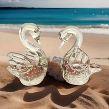 Pair Art Glass Swan Figurines Paper Weight Clear Hand Blown Bullicante Bubbles - $21.78