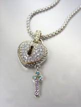 STUNNING Silver Cable Gold Pave CZ Crystals Heart Key Pendant Necklace - £23.58 GBP