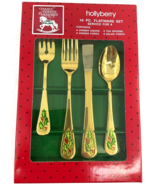 Christmas Holly Berry Gold Plated Stainless Flatware 20 Pieces Hollyberr... - $79.19