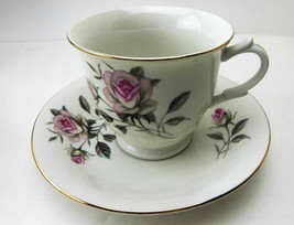 Vintage 1950 Simple Porcelain Grey Pink Rose Teacup Saucer MidCentury Tea Coffee - £15.17 GBP