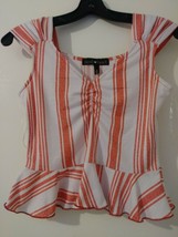 Derek Heart Juniors White/Red Stripes Cinch  accent &quot;V&quot; neck peplum top S    176 - £4.48 GBP