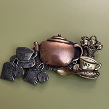 Teapot Teacups Tea Bags Metal Pin Brooch Vintage 2-5/8” Tri Color Metals - £6.14 GBP