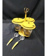1970s Mid Century GLASS CONDIMENT Mustard Yellow Set 3 ROTATING METAL CADDY - $23.36