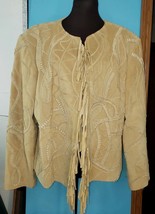 Chicos Suede Leather Fringe Jacket XL 3 Tan Open Front Rope Design Brown Vintage - £66.57 GBP