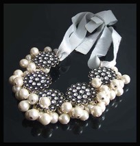 J Crew Necklace White Pearls Clear Rhinestones Gray Ties Bride Wedding Prom New - £47.31 GBP