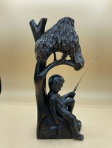 Vintage Dark Ebony Wooden Sculpture Boy Fishing Under Tree - $62.36