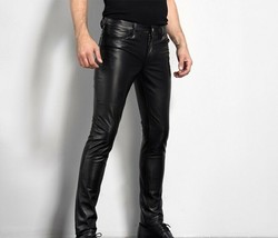 Men,s Slim Fit 501 Style Jeans Pants Cowhide Plain Black Leather Casual ... - $71.99+