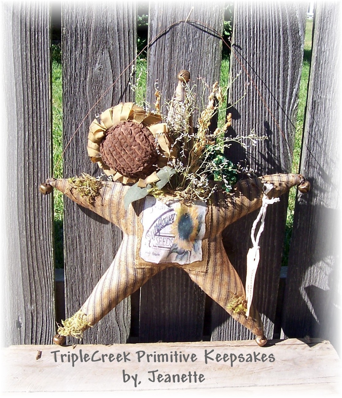 Primitive Grungy Star with Vintage Sunflower Seed Pocket - $22.95