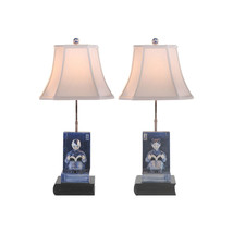 Set of Blue and White Boy and Girl Bookend Porcelain Table Lamp 24&quot; - £324.45 GBP