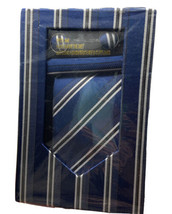 Men&#39;s Tie Cuff Links &amp; Handkie Set NEW in Gift Box Blue Black And White Stripes - £16.22 GBP