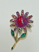 Rare Weiss Flower Brooch Ruby Red Center Aurora Borealis Petals Green Leaves - £69.62 GBP