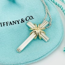 24&quot; Tiffany &amp; Co Cross Crucifix Pendant Necklace Silver 18k Gold Mens Unisex - £391.53 GBP