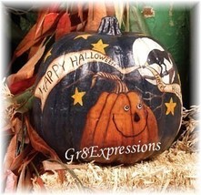 P Ri Mi Ti Ve Handpainted Gr Un Gy &quot;Happy Halloween&quot; Pumpkin - £19.94 GBP