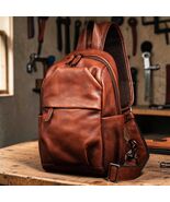 Mens Genuine Leather Chest Bag  Vintage Sling Backpack, Crossbody Backpa... - $120.00
