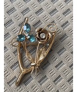 CORO Signed Floral Flower Blue Stone Garden Party Gold Tone Vintage Brooch - £31.44 GBP