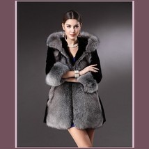 Thick Full Pelt Black Faux Mink Spliced Silver Gray Faux Fur Trimmed Hooded Coat