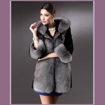 Thick Full Pelt Black Faux Mink Spliced Silver Gray Faux Fur Trimmed Hooded Coat image 2