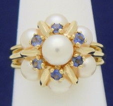 PEARL & SAPPHIRE ACCENTS COCKTAIL RING REAL SOLID 14 K GOLD 5.8 g SIZE 6.75 - £293.76 GBP
