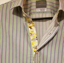Thomas Dean Button Front Shirt Large L/S Contrast Cuff Multi-Color Stripe  - £11.44 GBP