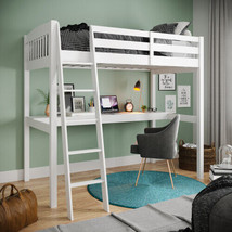 White High Loft Bed with Desk and Storage, Heavy Duty Solid Wood Twin Size - £343.34 GBP