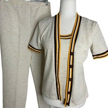 Vintage 70s Layered Look Cardigan Pant Set S Beige Knit Buttons Elastic Waist - £88.21 GBP
