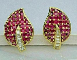 3 Ct Princess Simulated Red Ruby LEAF Stud Earring 925 Silver Gold Plated - £68.76 GBP