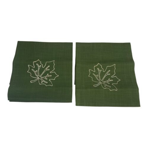 Primary image for Set Of 2 Dinner Napkins Green With Embroidered Maple Leaf Fall Autumn Cotton