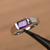 14k White Gold Plated 2 Ct Emerald Simulated Amethyst Engagement Solitaire Ring - £54.75 GBP