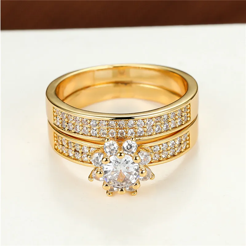 House Home Charm Gold Color Engagement Ring Sets Shining White Zircon Wedding Ri - £19.93 GBP