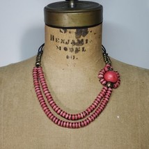 Beaded Necklace 19&quot; Leather Cord Pink Clay &amp; Brass Beads Hook Asymmetric - £19.58 GBP