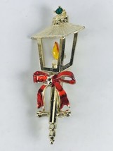 Christmas Candle Lantern Red Bow Pin Brooch Gold Tone Metal VTG Signed BJ - £6.86 GBP