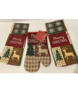 3 pc Winter Deer Lodge cabin Christmas towels and oven mitt kitchen gift... - $10.75