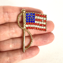 Patriotic US American Flag Pin Brooch Gold Tone Red White Blue Rhinestones - $12.95
